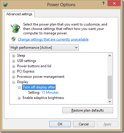 Power Options Turn Display Off after 15 minutes